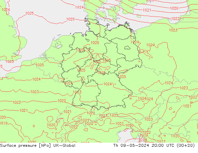 Presión superficial UK-Global jue 09.05.2024 20 UTC