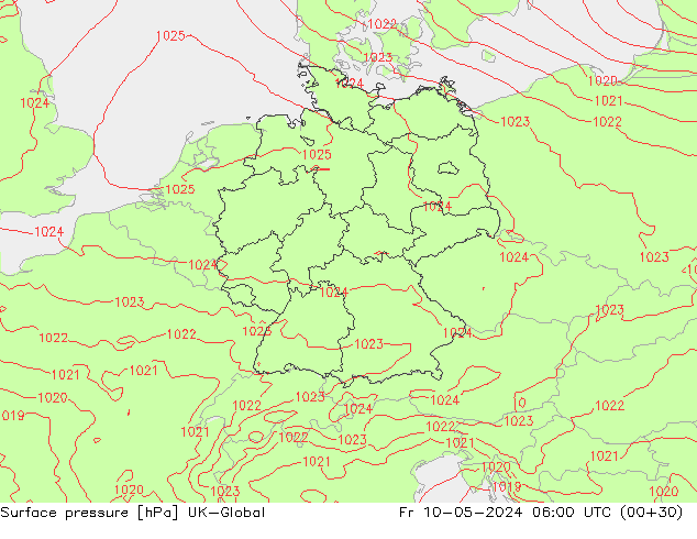 Pressione al suolo UK-Global ven 10.05.2024 06 UTC
