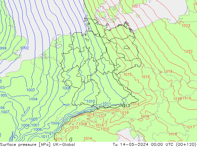 Surface pressure UK-Global Tu 14.05.2024 00 UTC