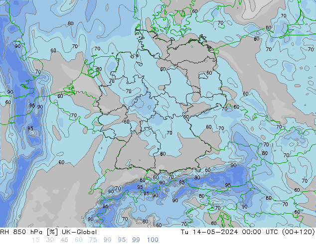 Humidité rel. 850 hPa UK-Global mar 14.05.2024 00 UTC