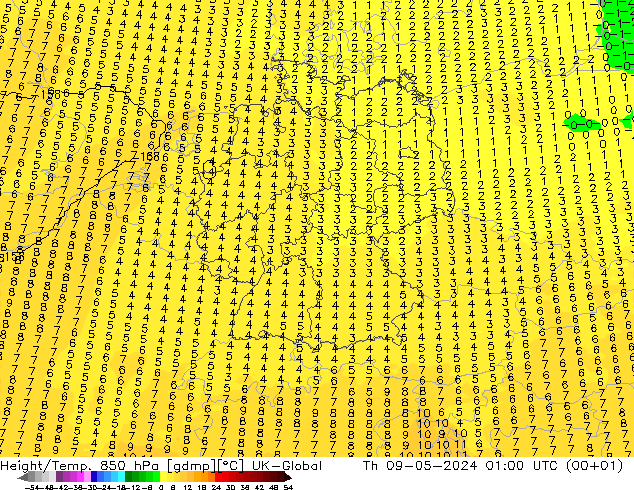 Height/Temp. 850 hPa UK-Global 星期四 09.05.2024 01 UTC