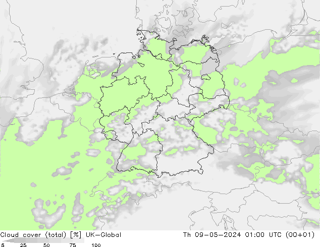 Nubes (total) UK-Global jue 09.05.2024 01 UTC