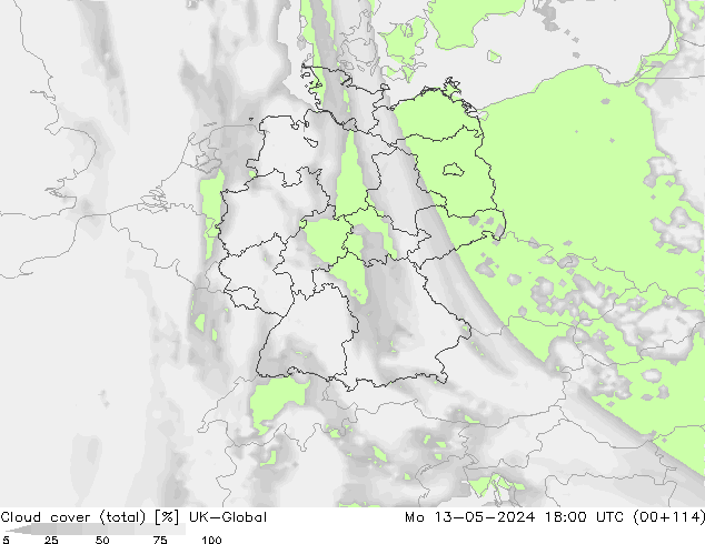 Cloud cover (total) UK-Global Mo 13.05.2024 18 UTC