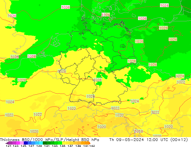 Thck 850-1000 hPa UK-Global czw. 09.05.2024 12 UTC