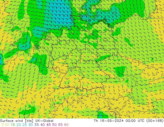 Surface wind UK-Global Čt 16.05.2024 00 UTC