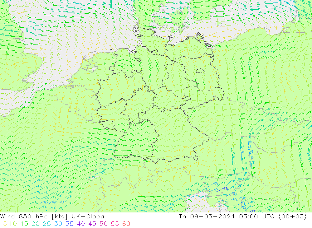 风 850 hPa UK-Global 星期四 09.05.2024 03 UTC