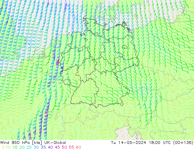 Wind 850 hPa UK-Global Tu 14.05.2024 18 UTC