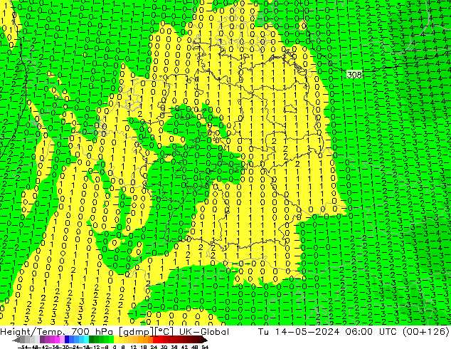 Height/Temp. 700 hPa UK-Global mar 14.05.2024 06 UTC