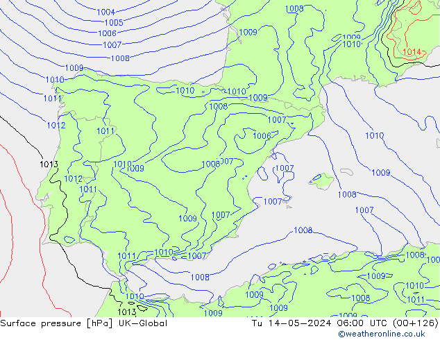 Surface pressure UK-Global Tu 14.05.2024 06 UTC