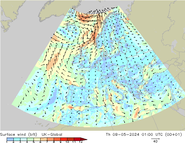 Vento 10 m (bft) UK-Global gio 09.05.2024 01 UTC