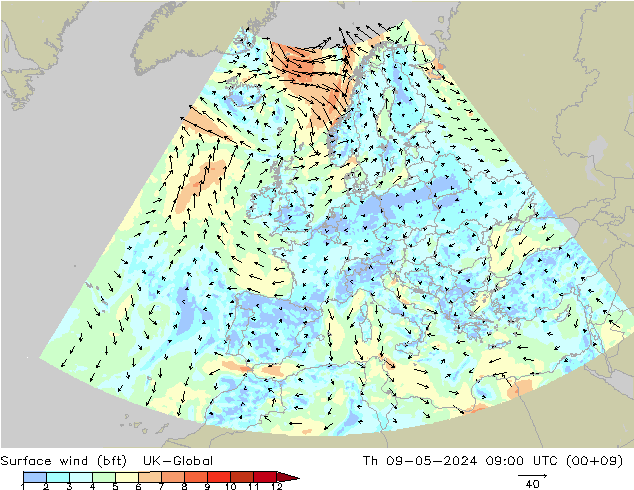 Surface wind (bft) UK-Global Th 09.05.2024 09 UTC