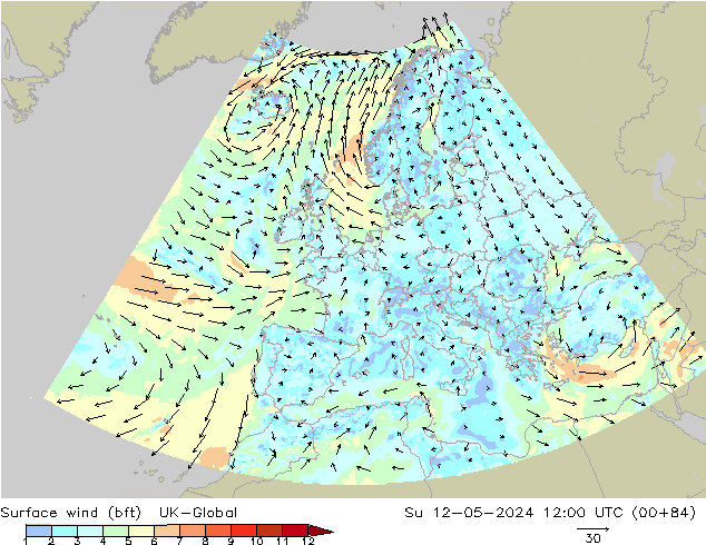 Surface wind (bft) UK-Global Su 12.05.2024 12 UTC