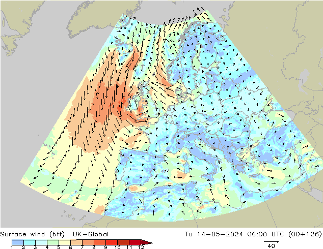 Surface wind (bft) UK-Global Tu 14.05.2024 06 UTC