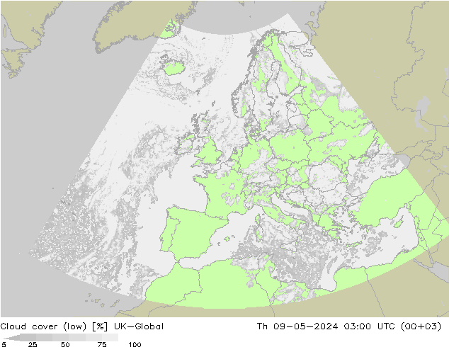 Cloud cover (low) UK-Global Th 09.05.2024 03 UTC