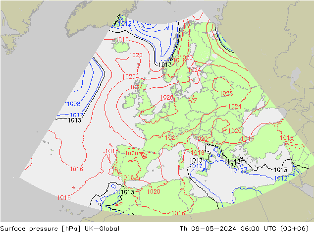 Presión superficial UK-Global jue 09.05.2024 06 UTC