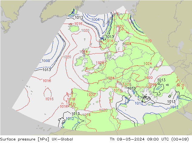 Surface pressure UK-Global Th 09.05.2024 09 UTC