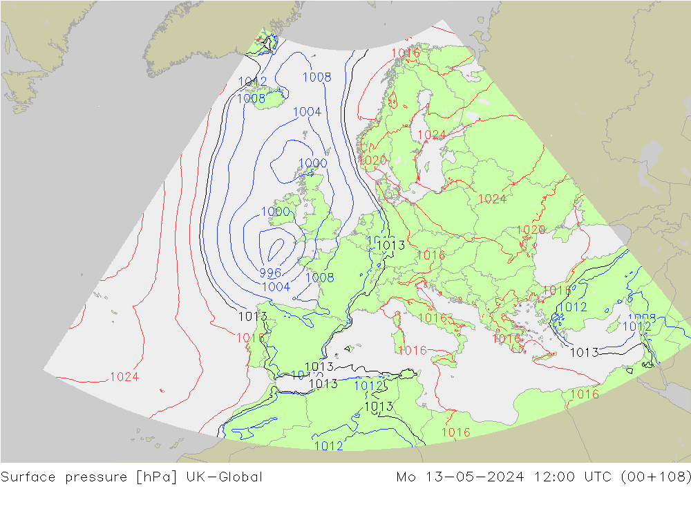 Atmosférický tlak UK-Global Po 13.05.2024 12 UTC
