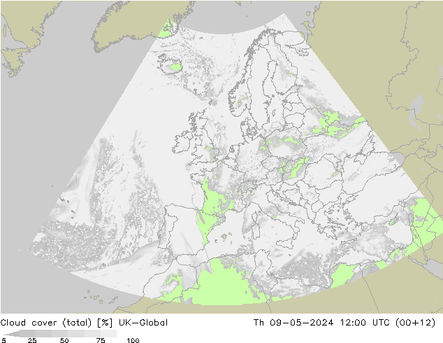 Bewolking (Totaal) UK-Global do 09.05.2024 12 UTC
