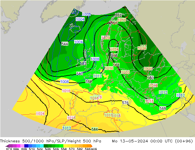 Schichtdicke 500-1000 hPa UK-Global Mo 13.05.2024 00 UTC