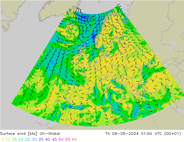 风 10 米 UK-Global 星期四 09.05.2024 01 UTC