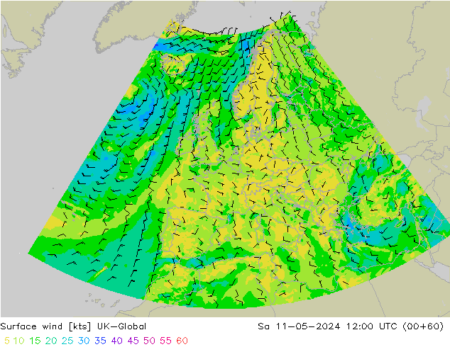 Vento 10 m UK-Global sab 11.05.2024 12 UTC