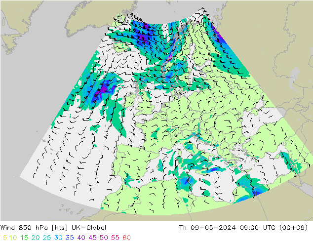 Rüzgar 850 hPa UK-Global Per 09.05.2024 09 UTC