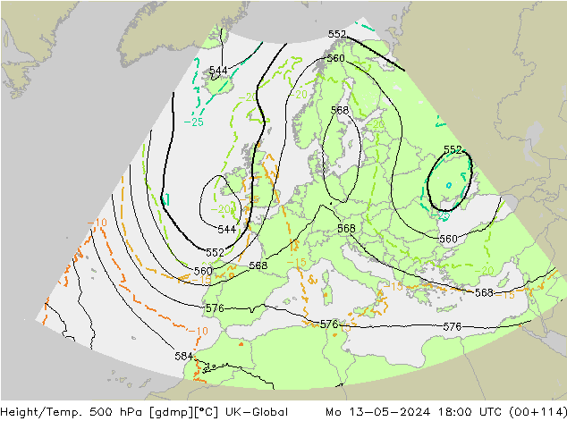 Height/Temp. 500 hPa UK-Global pon. 13.05.2024 18 UTC