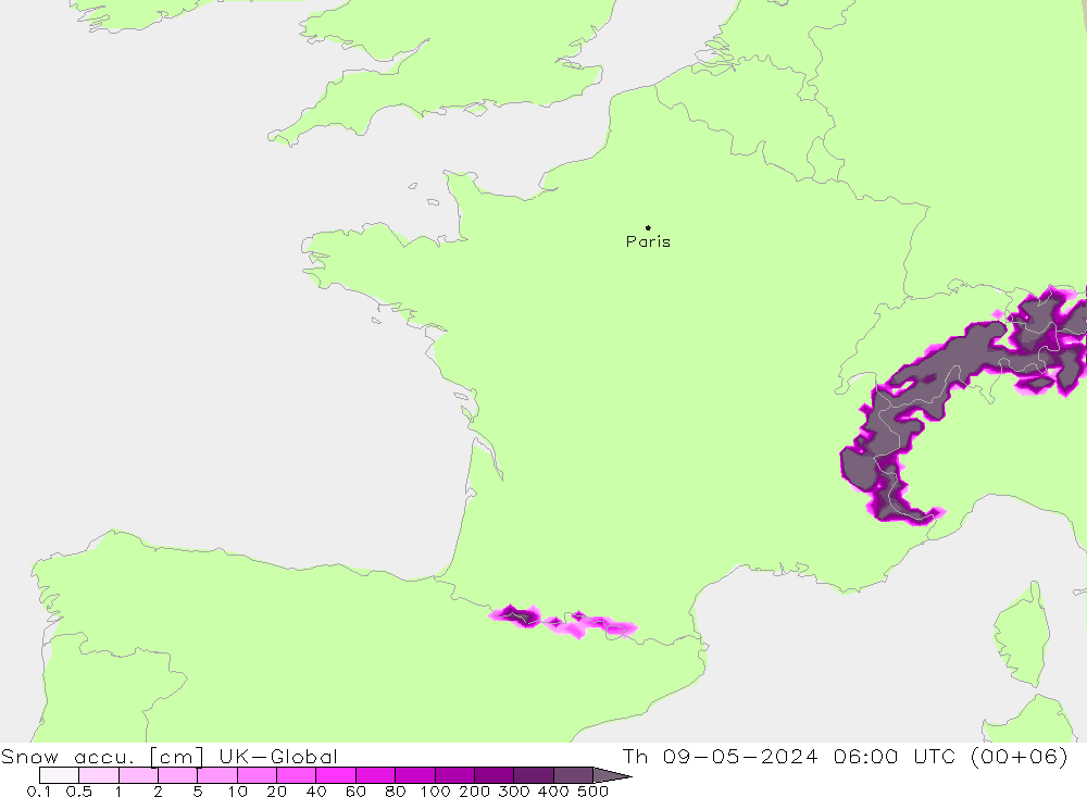 Snow accu. UK-Global Th 09.05.2024 06 UTC