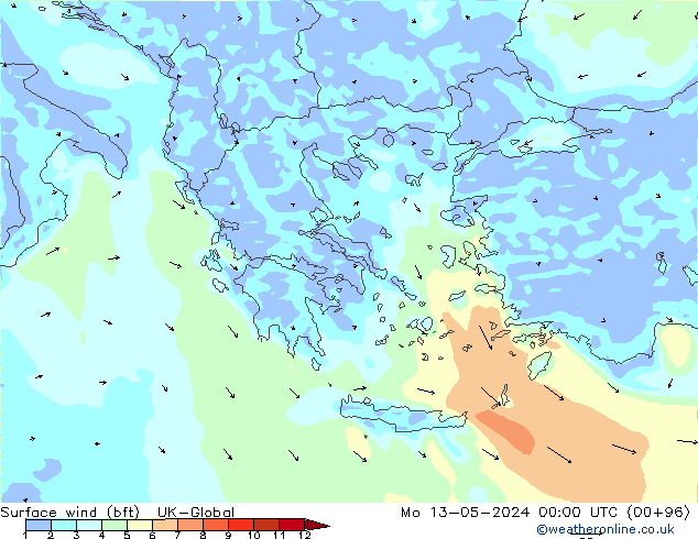 Surface wind (bft) UK-Global Mo 13.05.2024 00 UTC