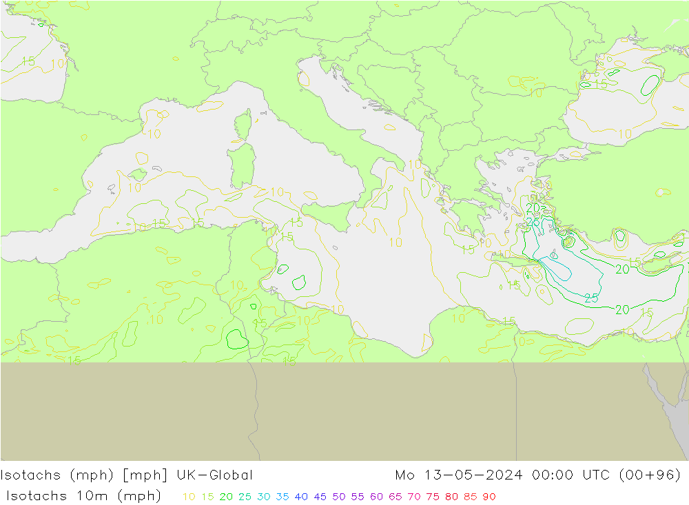 Isotachs (mph) UK-Global пн 13.05.2024 00 UTC