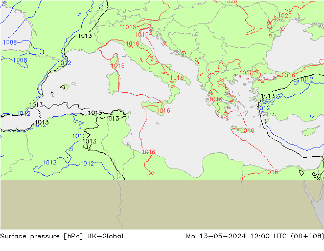 Atmosférický tlak UK-Global Po 13.05.2024 12 UTC