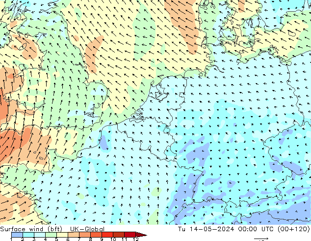Surface wind (bft) UK-Global Út 14.05.2024 00 UTC