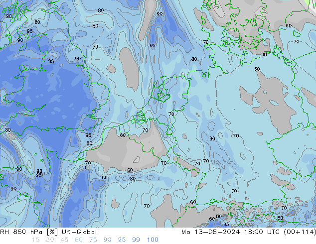 RH 850 hPa UK-Global  13.05.2024 18 UTC