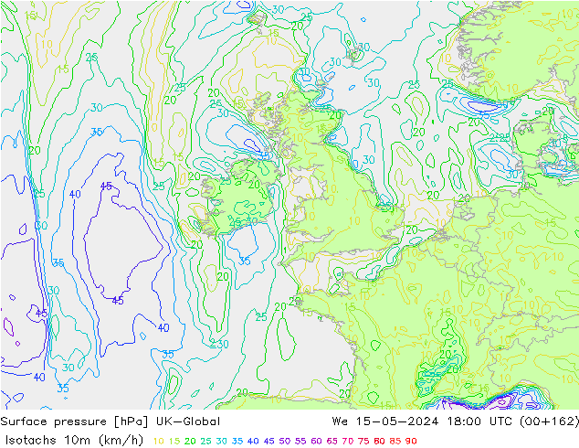 Isotachs (kph) UK-Global mer 15.05.2024 18 UTC