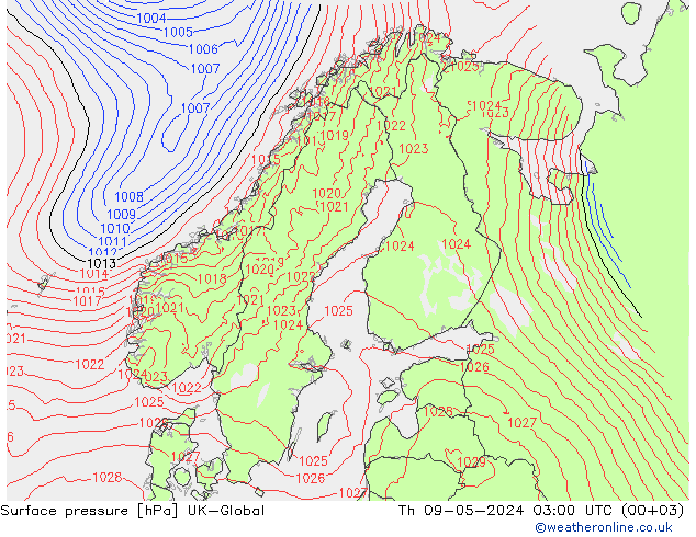 地面气压 UK-Global 星期四 09.05.2024 03 UTC