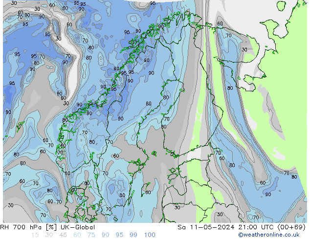 Humidité rel. 700 hPa UK-Global sam 11.05.2024 21 UTC