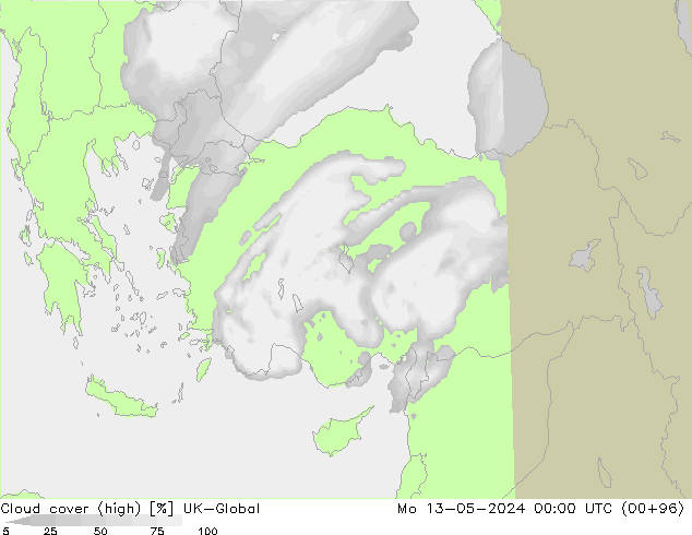 Cloud cover (high) UK-Global Mo 13.05.2024 00 UTC