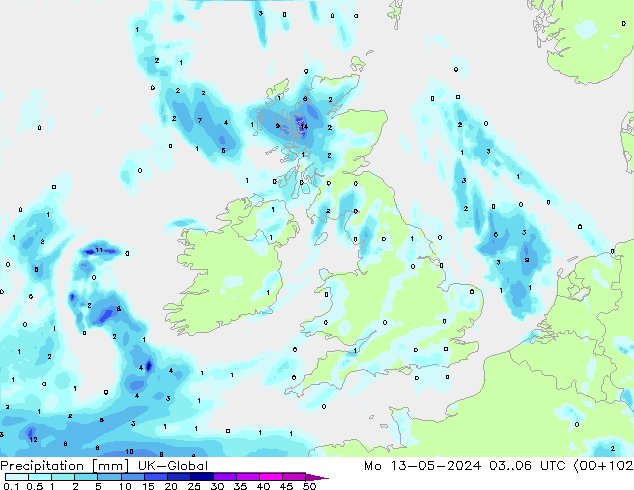 Precipitation UK-Global Mo 13.05.2024 06 UTC