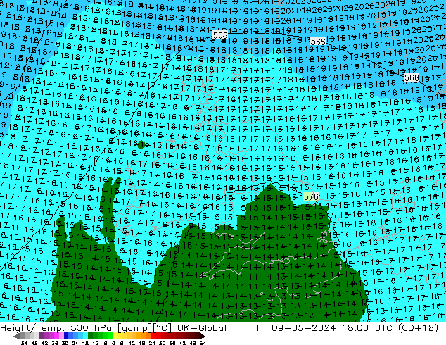 Height/Temp. 500 hPa UK-Global Th 09.05.2024 18 UTC