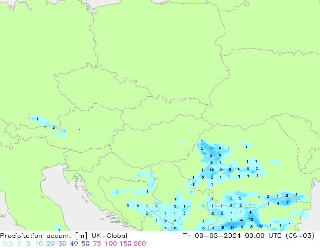 Precipitation accum. UK-Global Th 09.05.2024 09 UTC
