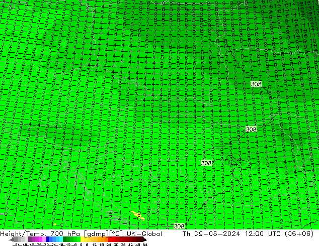 Geop./Temp. 700 hPa UK-Global jue 09.05.2024 12 UTC