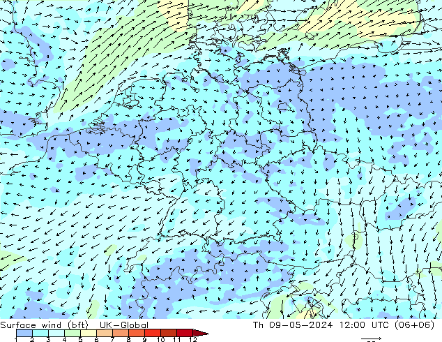 Surface wind (bft) UK-Global Th 09.05.2024 12 UTC