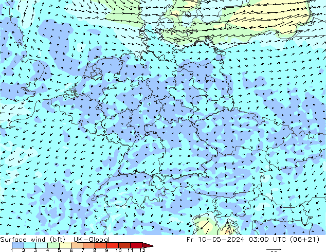 Surface wind (bft) UK-Global Pá 10.05.2024 03 UTC