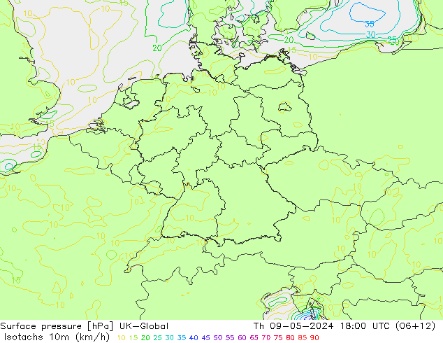 10米等风速线 (kph) UK-Global 星期四 09.05.2024 18 UTC