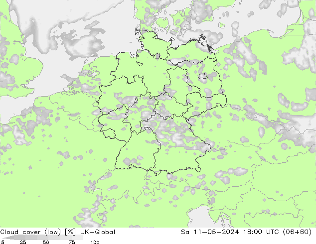 Bewolking (Laag) UK-Global za 11.05.2024 18 UTC