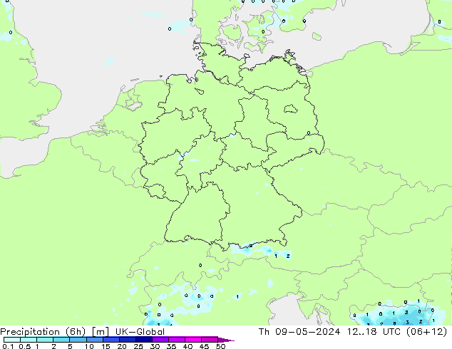 降水量 (6h) UK-Global 星期四 09.05.2024 18 UTC