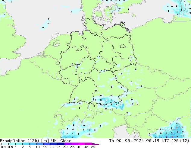 Precipitazione (12h) UK-Global gio 09.05.2024 18 UTC