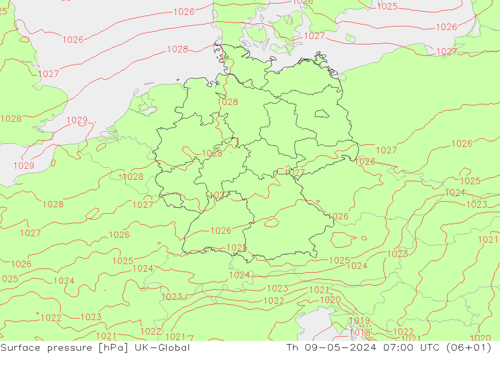地面气压 UK-Global 星期四 09.05.2024 07 UTC