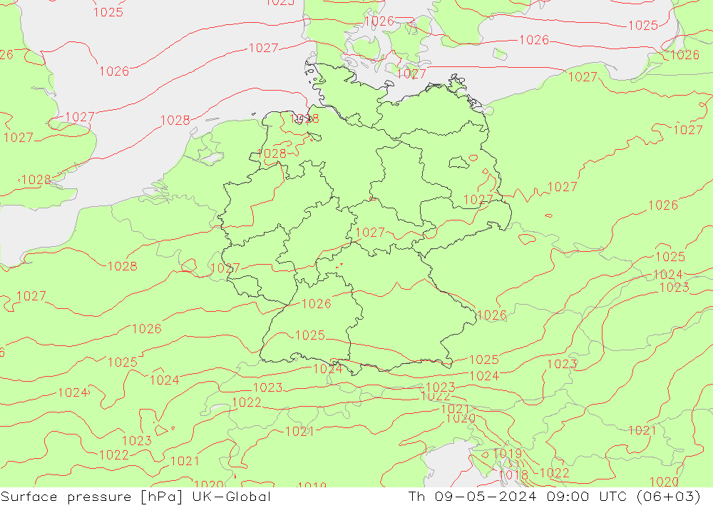 Presión superficial UK-Global jue 09.05.2024 09 UTC