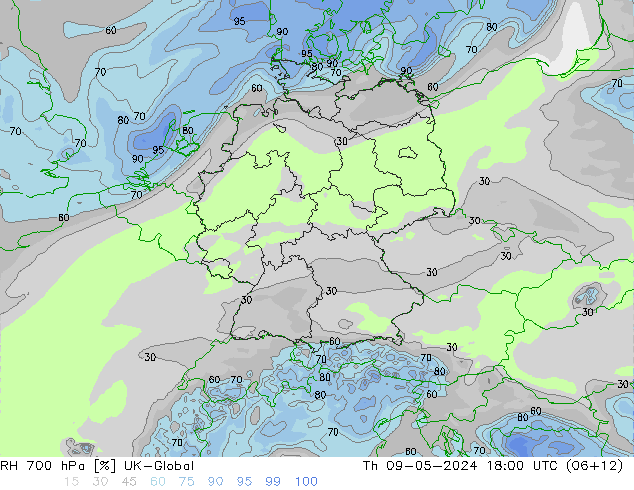 RH 700 hPa UK-Global 星期四 09.05.2024 18 UTC